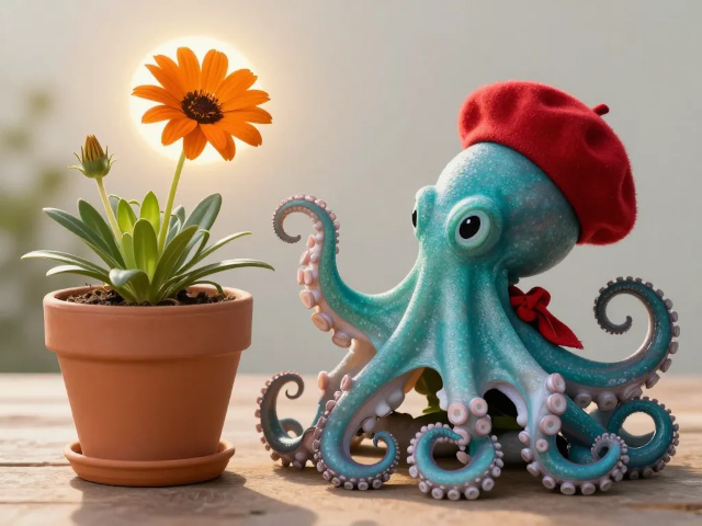 A teal octopus wearing a red beret and small red scarf sits beside a terracotta pot with an orange gazania flower. One tentacle reaches gently toward the bloom. The flower glows like a small sun. Art by Z-image-turbo.