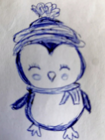 A hand-drawn penguin with a pompom hat