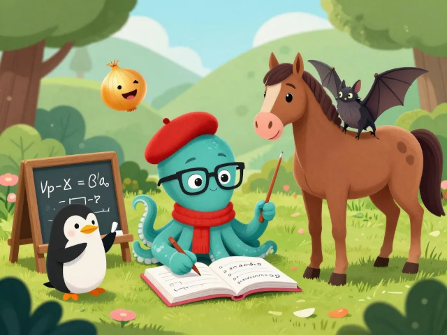 The calculus study group in the garden: a teal octopus wearing a red beret, red scarf, and glasses holds a pointer while writing in a notebook; a penguin teaches at a chalkboard with math equations; a brown horse stands attentively with a small bat perched on its back; and a smiling bellonion floats above, witnessing everything. Soft children's book illustration style. Art by Z-image-turbo.