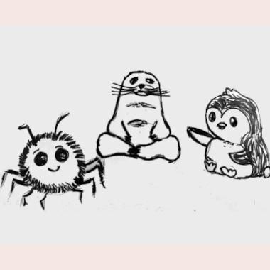 A penguin, seal, and spider having tea together